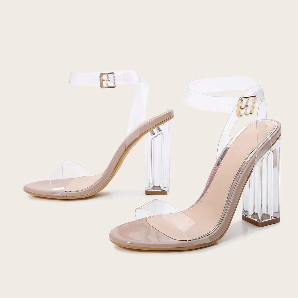 Women's Apricot PVC sandals with transparent glass stiletto heels and round toe design