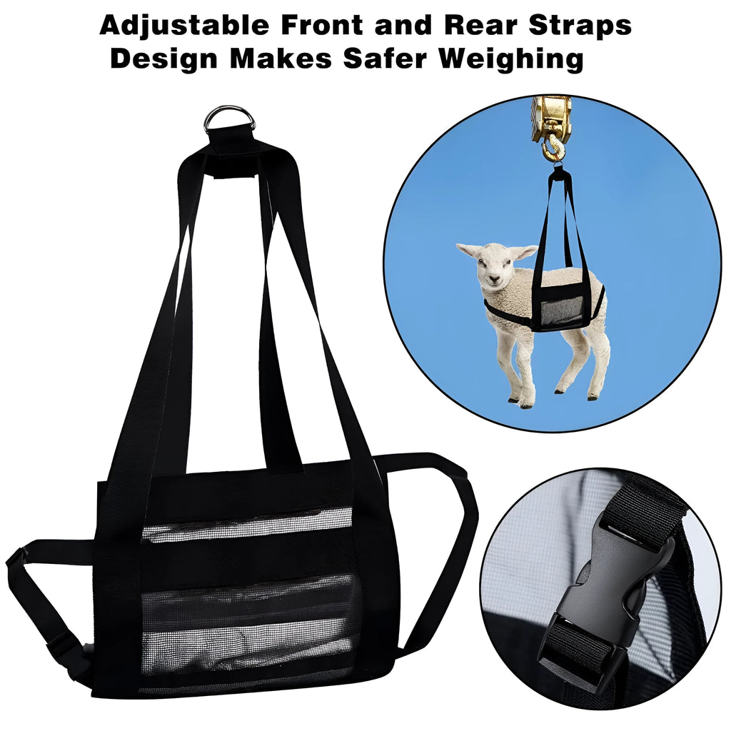 Black polyester calf large dog sling weighing bag with reinforced handles measuring 35 x 150 cm