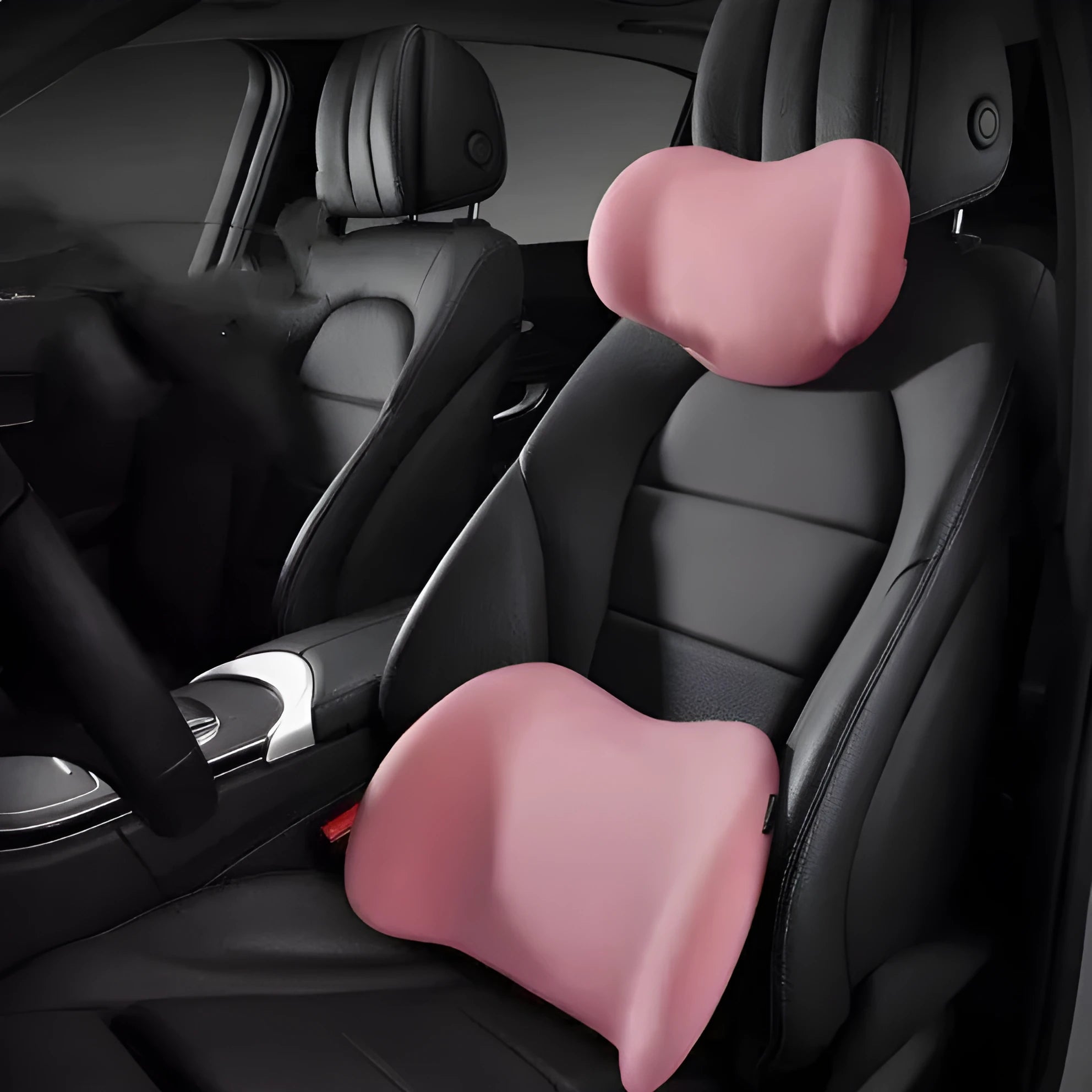 Black memory cotton car headrest and back cushion set on a car seat