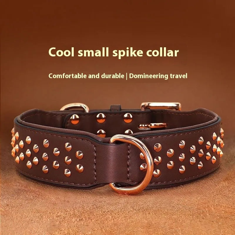 Leather dog collar with metal rivets, shown in black, chocolate, or pink, sized for large dogs.