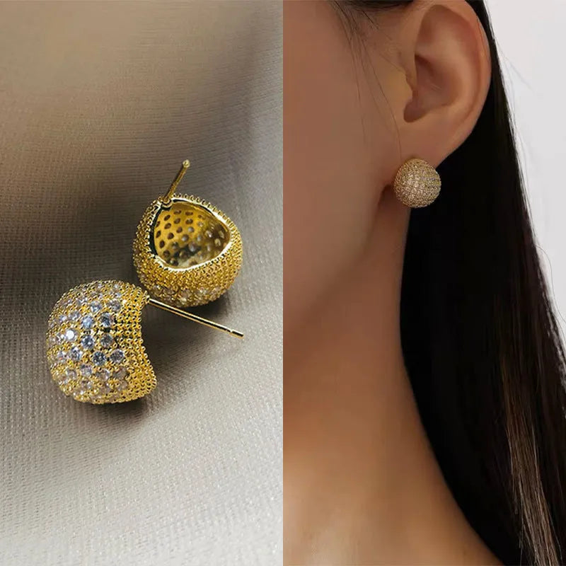 Gold and white geometric drop earrings with full diamond little golden beans design and sphere elements