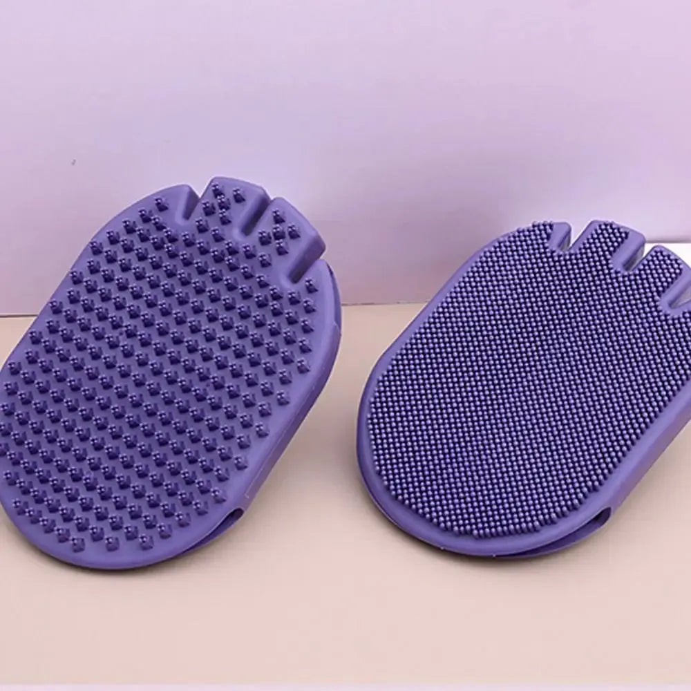 Purple pet shampoo brush with silicone bristles for dog and cat grooming during bathing