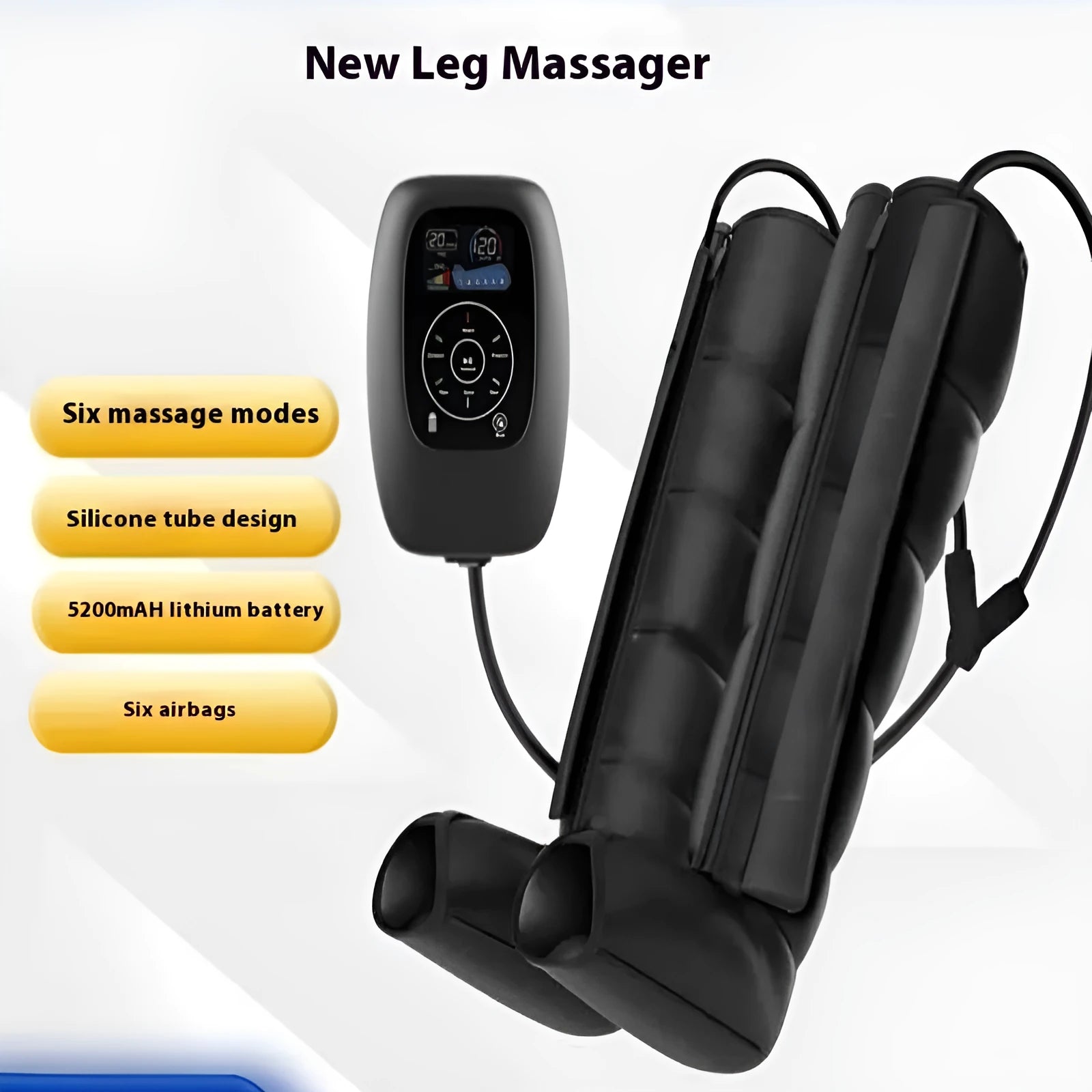 Air compression leg, arm, and waist massager unit with separate handheld remote control.