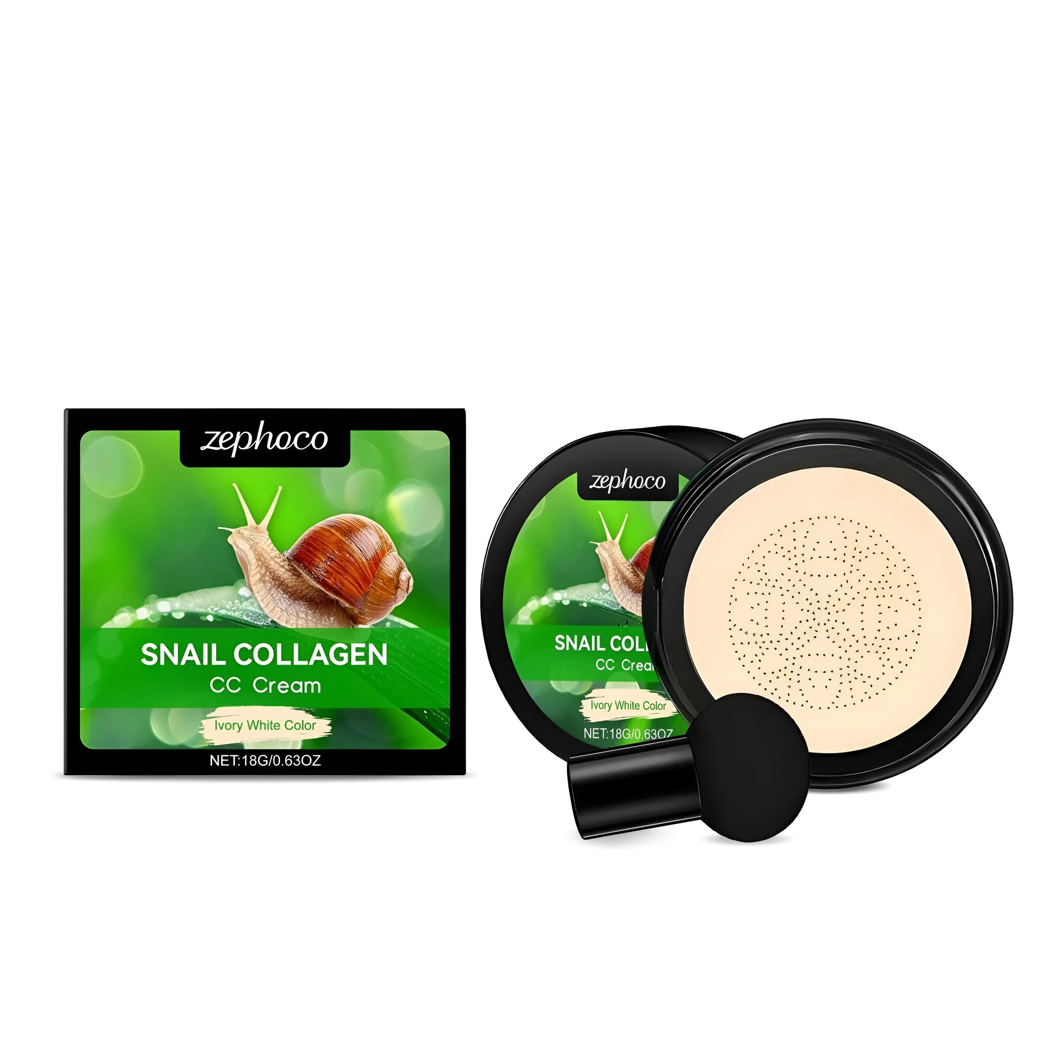 ZEPHOCO CC cream compact with mushroom powder puff in ivory white or natural colour