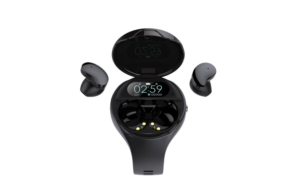 Black detachable Bluetooth headset and smart bracelet combo with colour screen for heart rate and step tracking.
