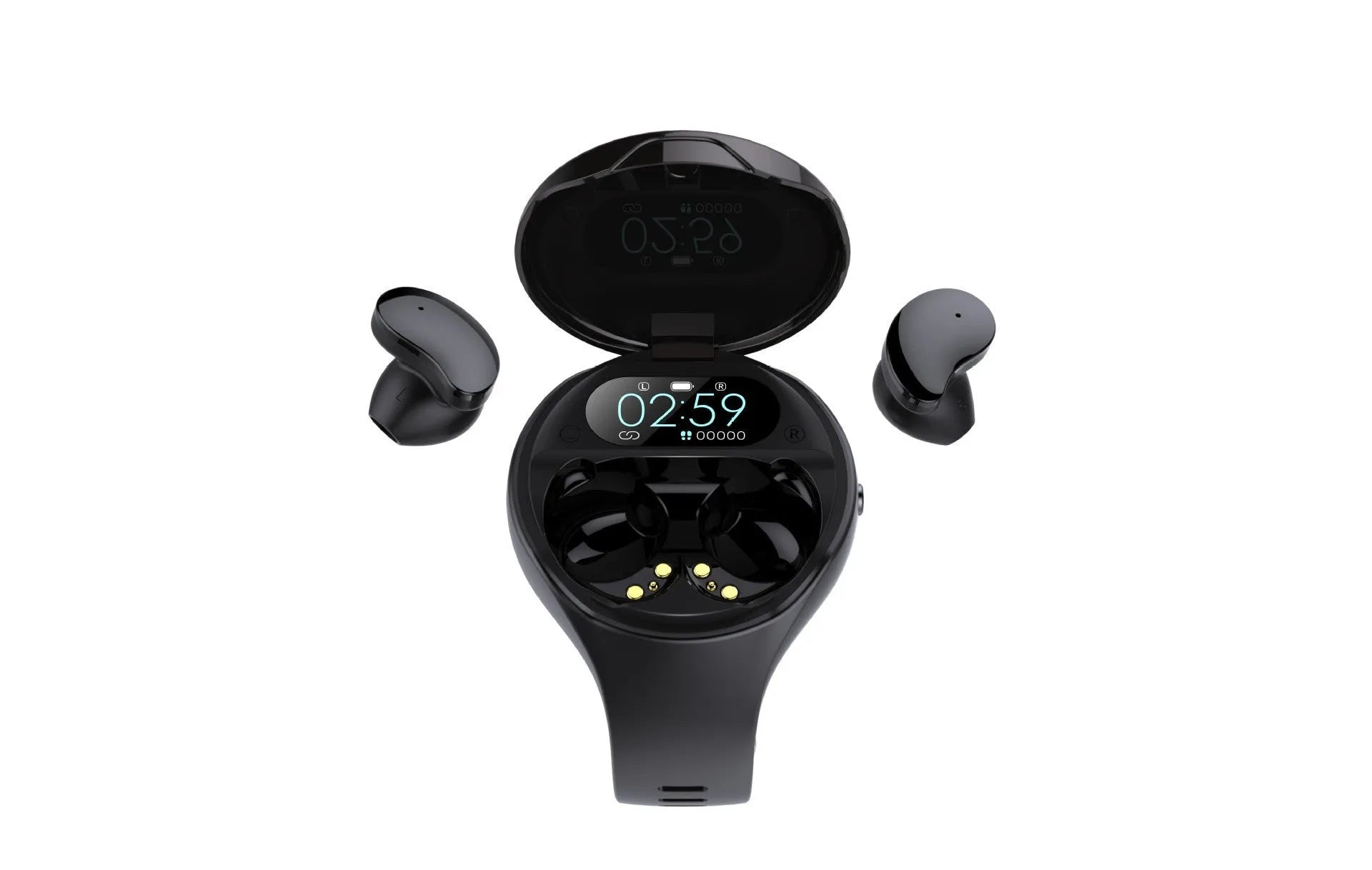 Black detachable Bluetooth headset and smart bracelet combo with colour screen for heart rate and step tracking.