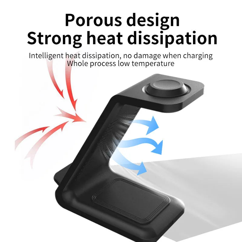 White upright 3-in-1 wireless charging stand holding a mobile phone in portrait orientation.