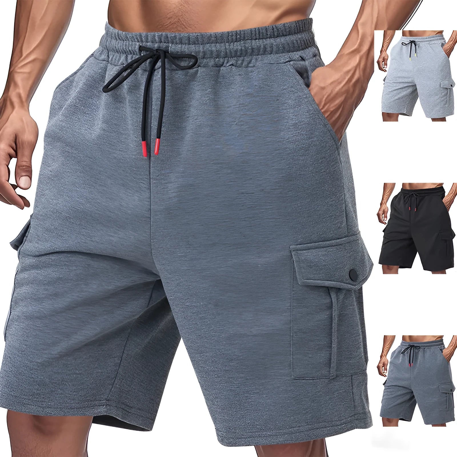 Ring fabric cargo shorts with multiple pockets in light grey colour, loose fit design for sports wear