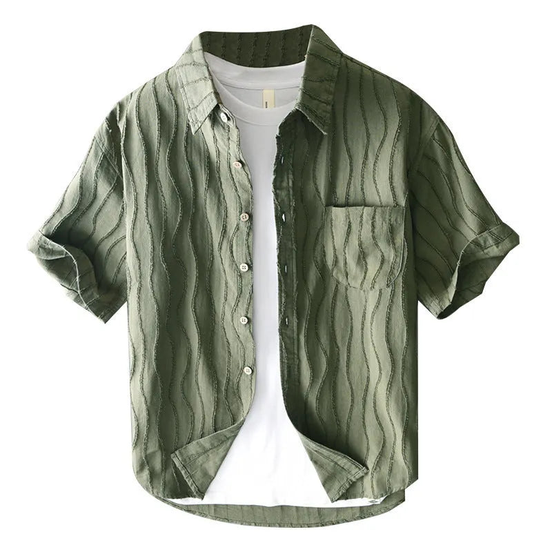 Men's apricot pure cotton casual shirt with short sleeves on a hanger