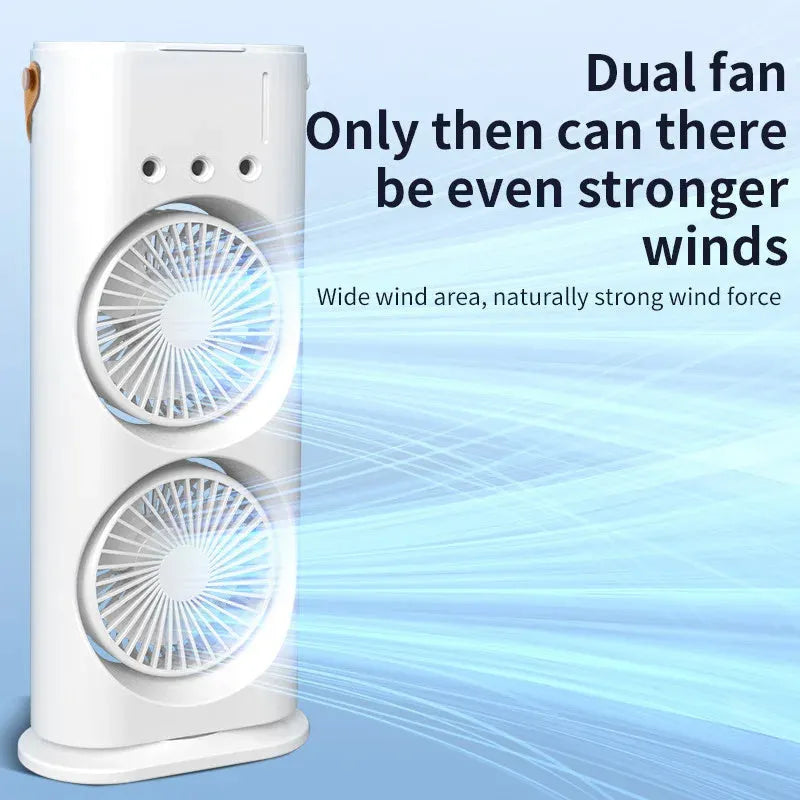 White portable USB desk humidifying fan with double spray heads and remote control.