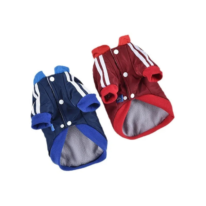 Red dog coat with V-shaped splicing design showing thick cotton construction and casual styling for pet wear