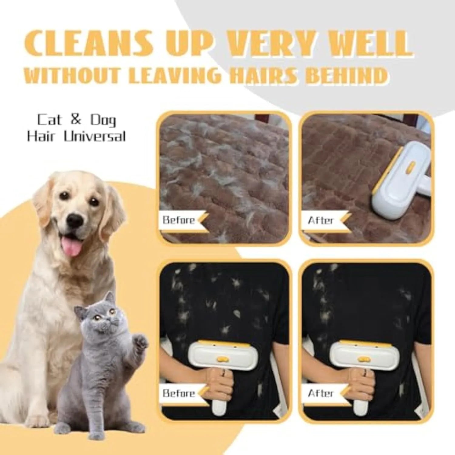 White portable pet hair remover with yellow duck design and polyester bristles.