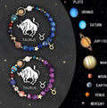 Two natural stone beaded bracelets with zodiac charms on a wrist, showing adjustable fastening.