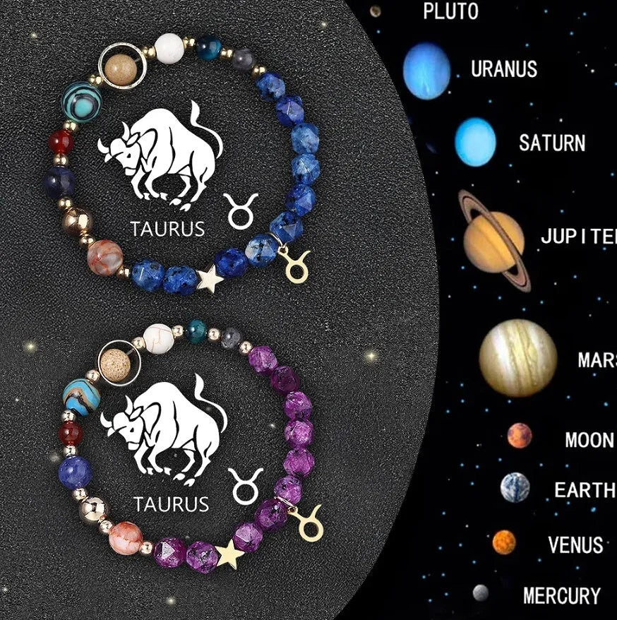 Two natural stone beaded bracelets with zodiac charms on a wrist, showing adjustable fastening.