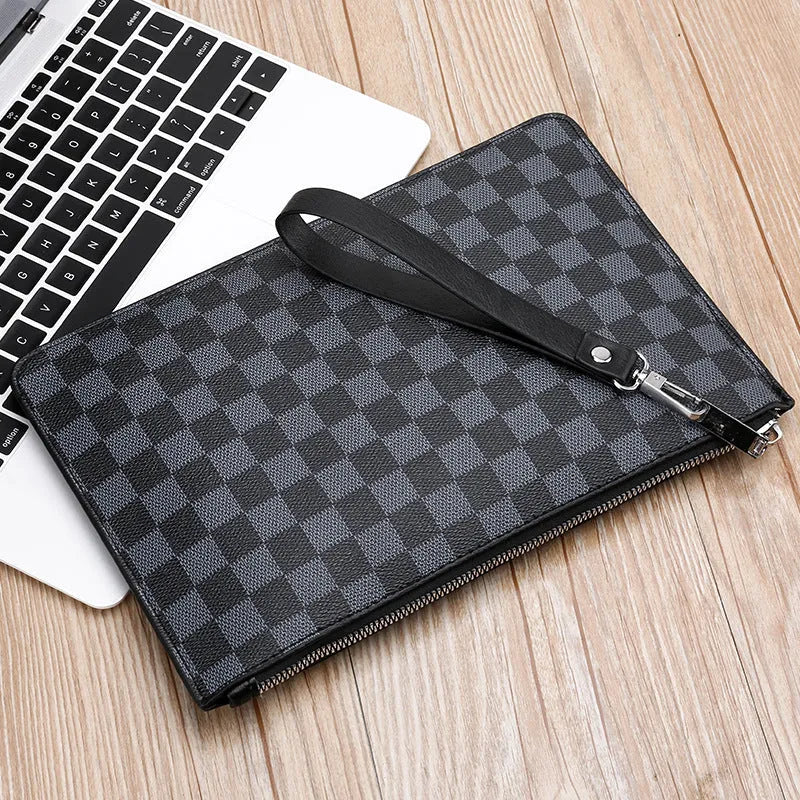 Men's black and brown PU leather clutch wallet showing card slots and zipper pocket