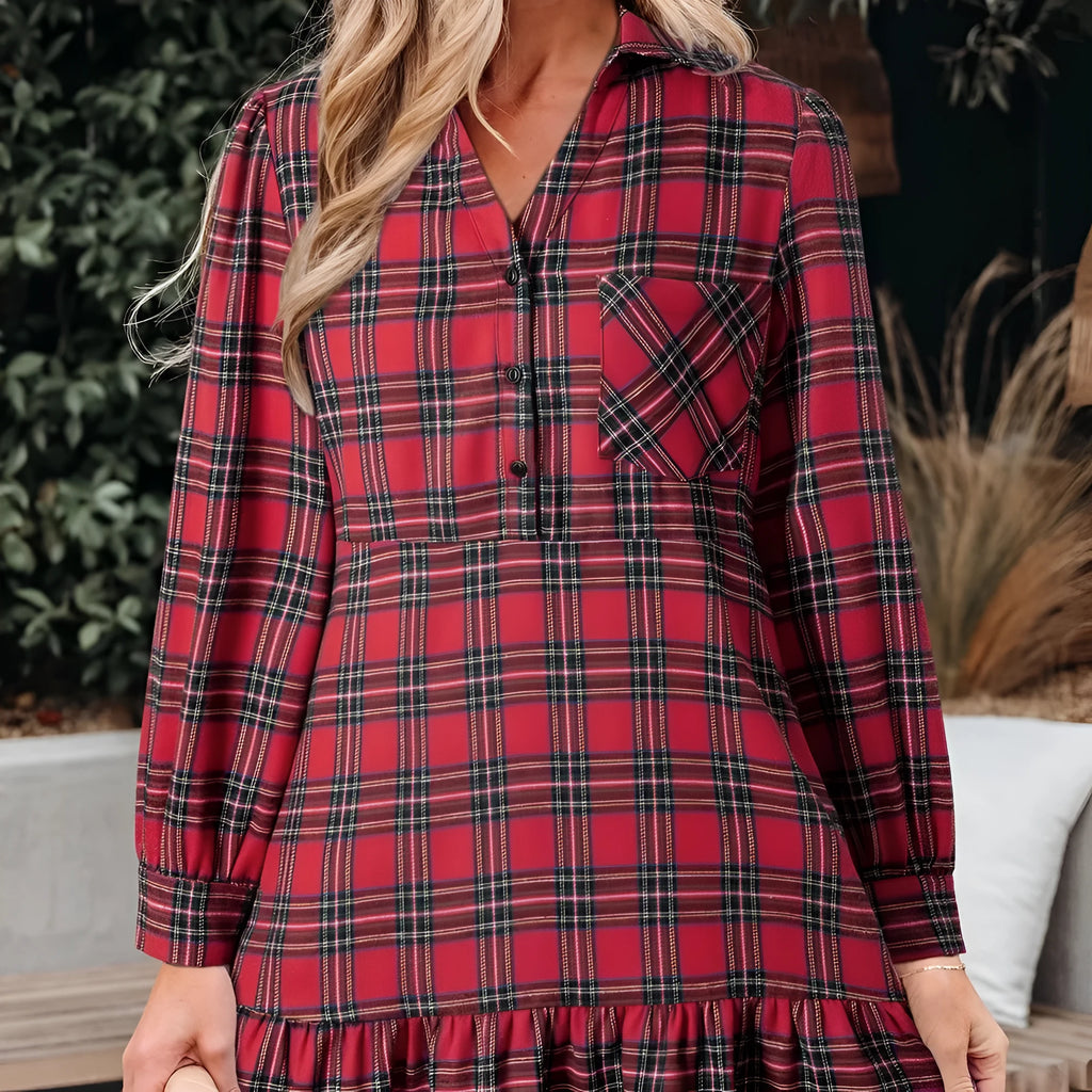 Red and white plaid women's mini dress with a shirt collar, half-button front, long sleeves, and a ruffle hem.