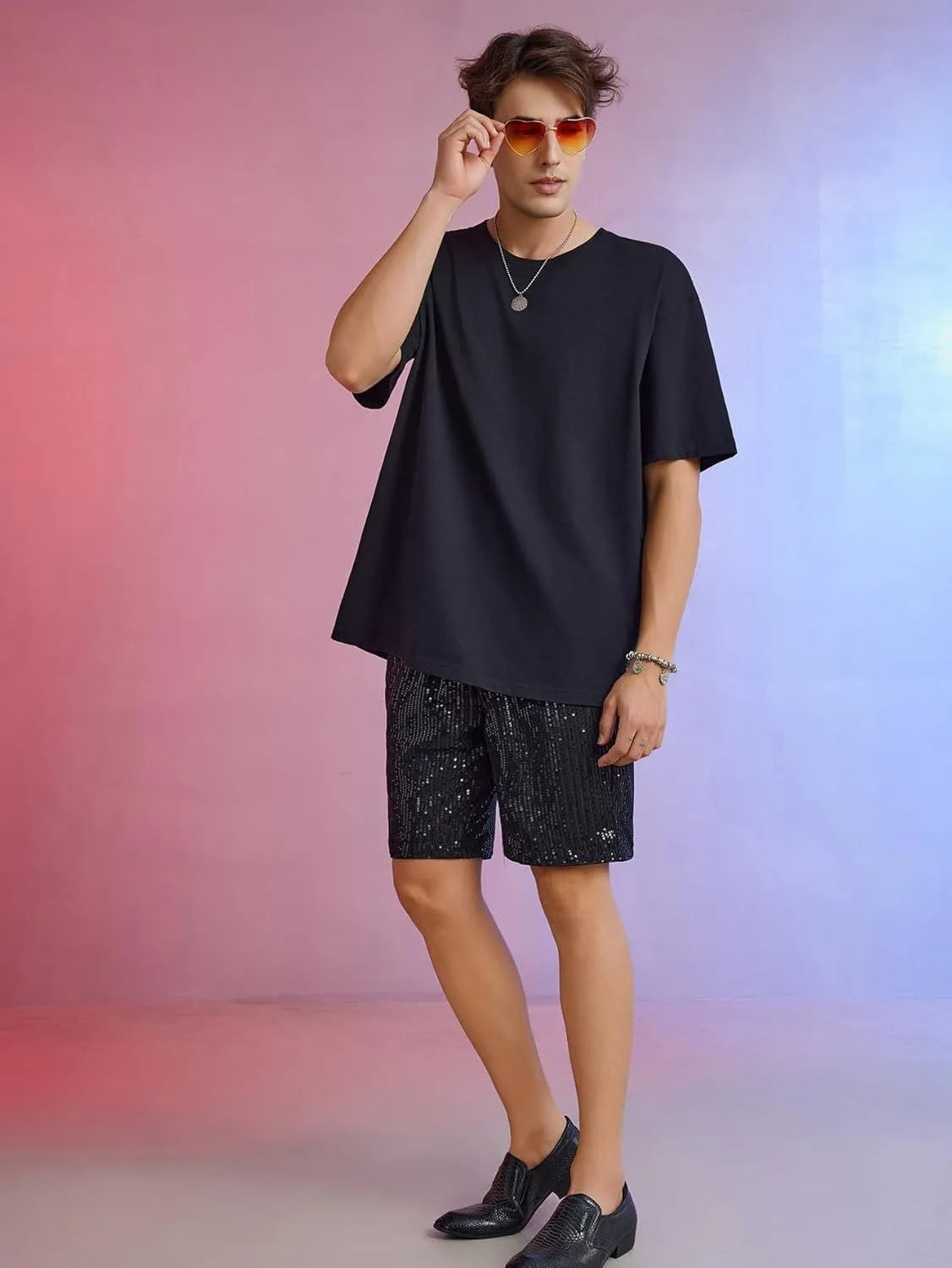 Men's shiny sequin straight shorts with elastic waistband in silver colour