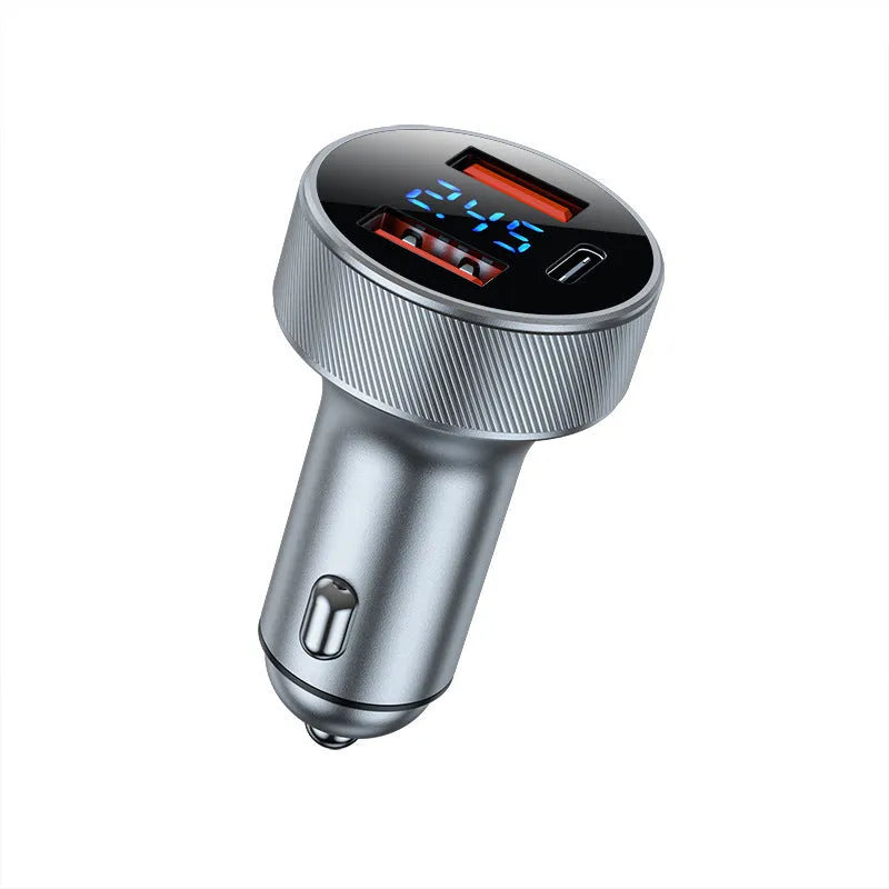 Black aluminium alloy car charger with digital display and four USB ports for vehicle use