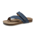 Blue thick-soled flip-flops with a flat toe ring on a light background