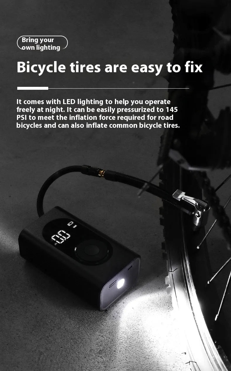 Portable wireless tyre pump with power bank and flashlight functions for multiple vehicle types