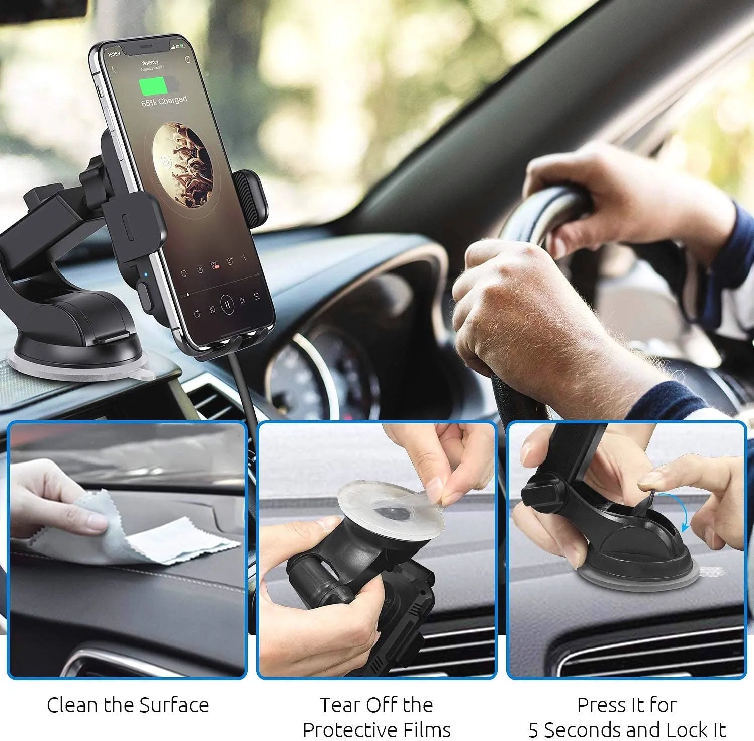 Black car wireless charging stand with 15W fast charging on dashboard