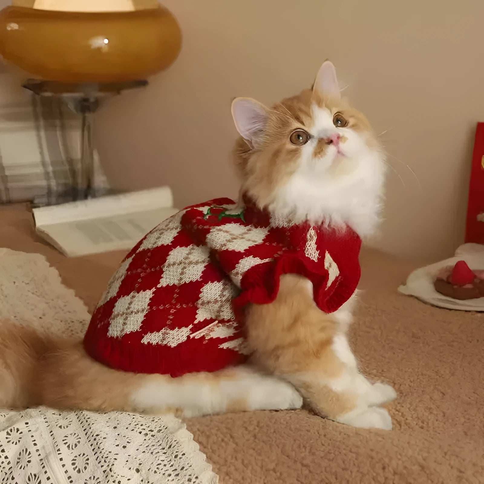 Red cat sweater with diamond embroidery cherry pattern for autumn and winter wear