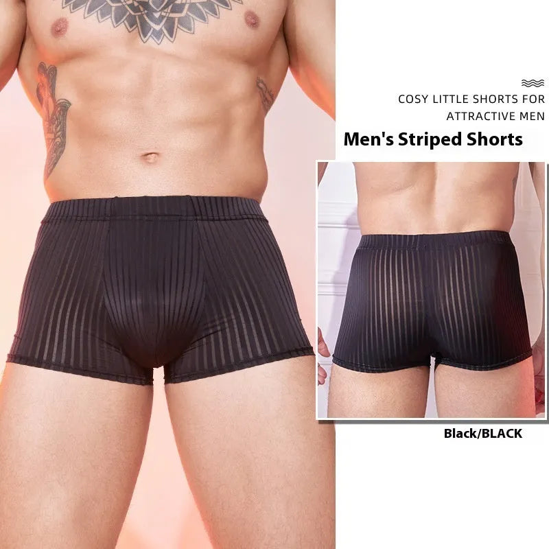 Men's striped transparent boxer briefs in black, white, and dark grey on a plain background.