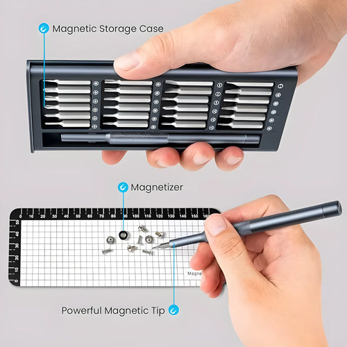 25-in-one magnetic screwdriver set with chrome vanadium steel shaft and compact 110mm length.