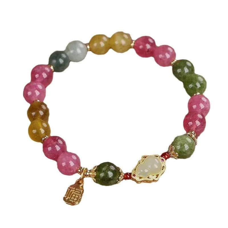 Colourful tourmaline gourd blessing card bracelet with flower design for women