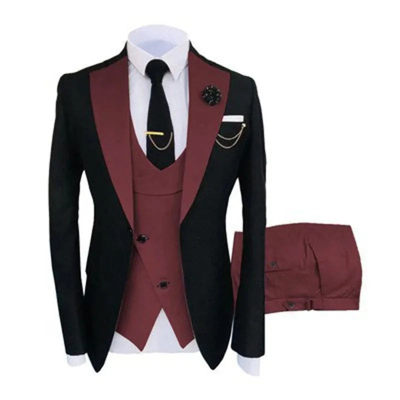 Men's slim fit cotton business suit set in black and wine red, featuring a coat, waistcoat, and trousers.