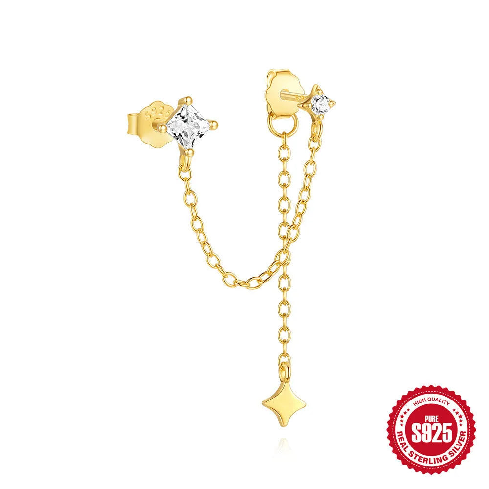 Golden geometric sterling silver earrings with zircon inlay and double piercings design