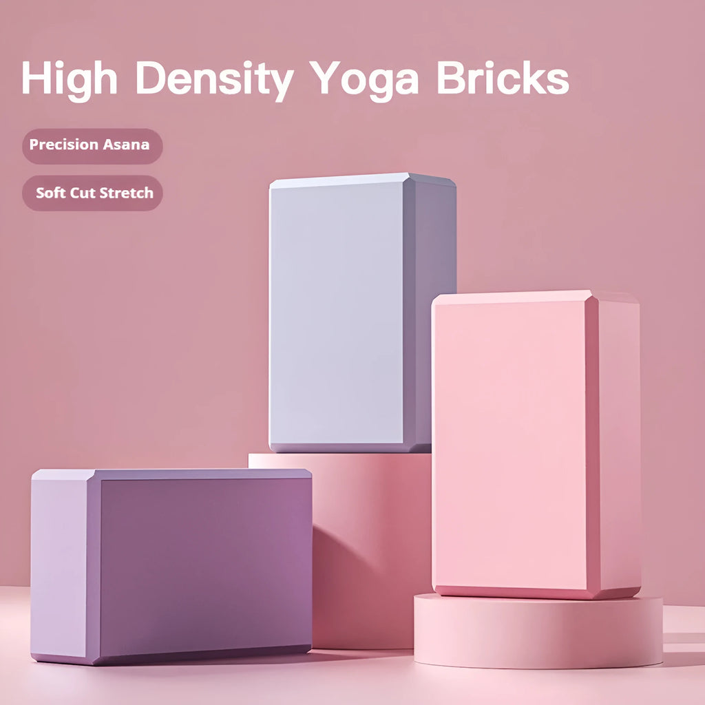 High-density EVA foam yoga block measuring 23x15x7.6cm with twelve grip ridges in solid colour