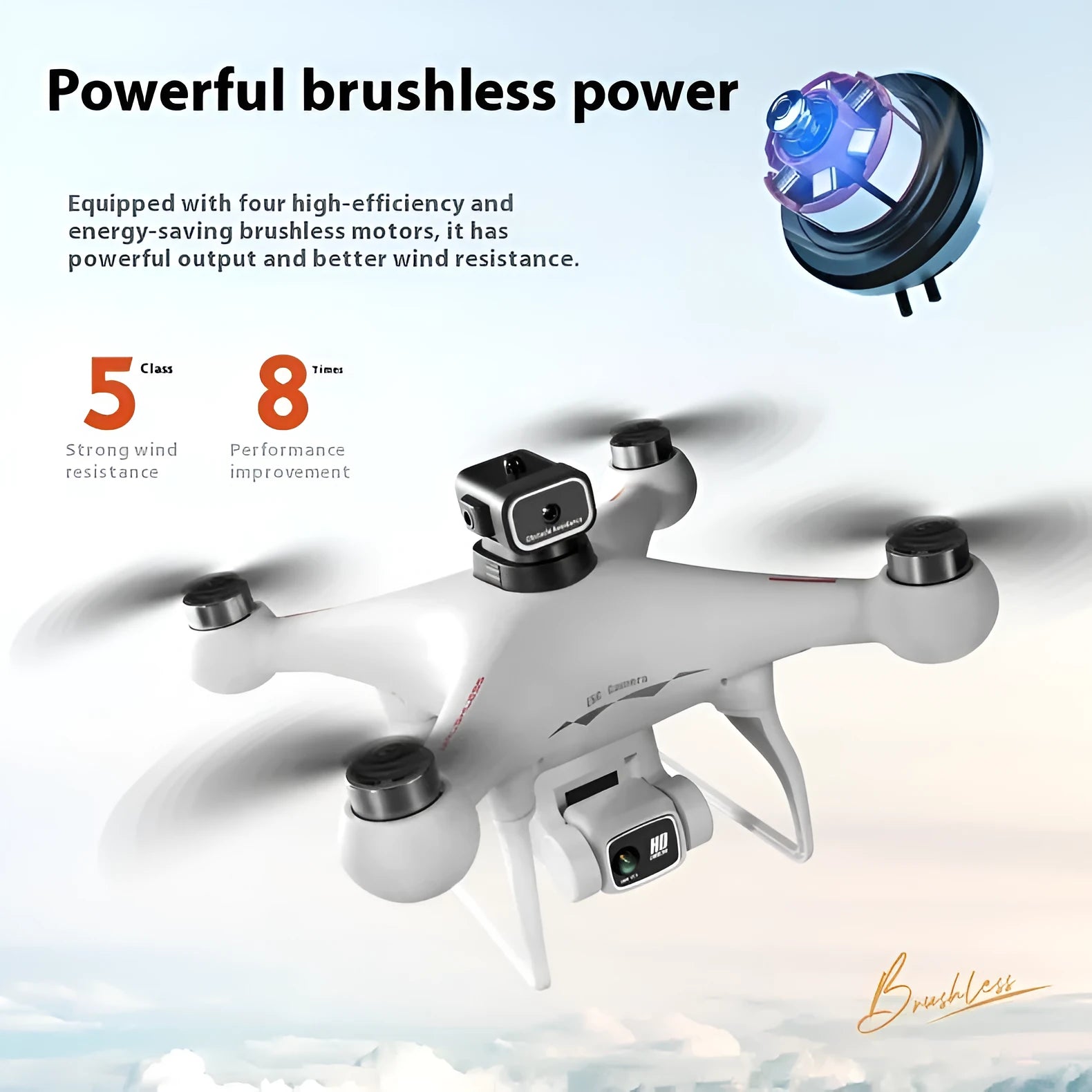 Black and white compact brushless drone with obstacle avoidance sensors and a dual camera system