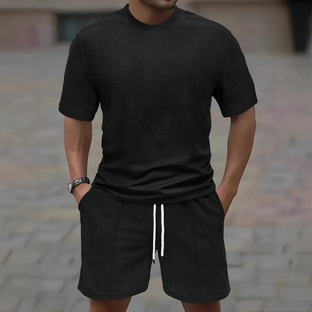 Men's apricot waffle texture short sleeve blouse and matching shorts laid flat