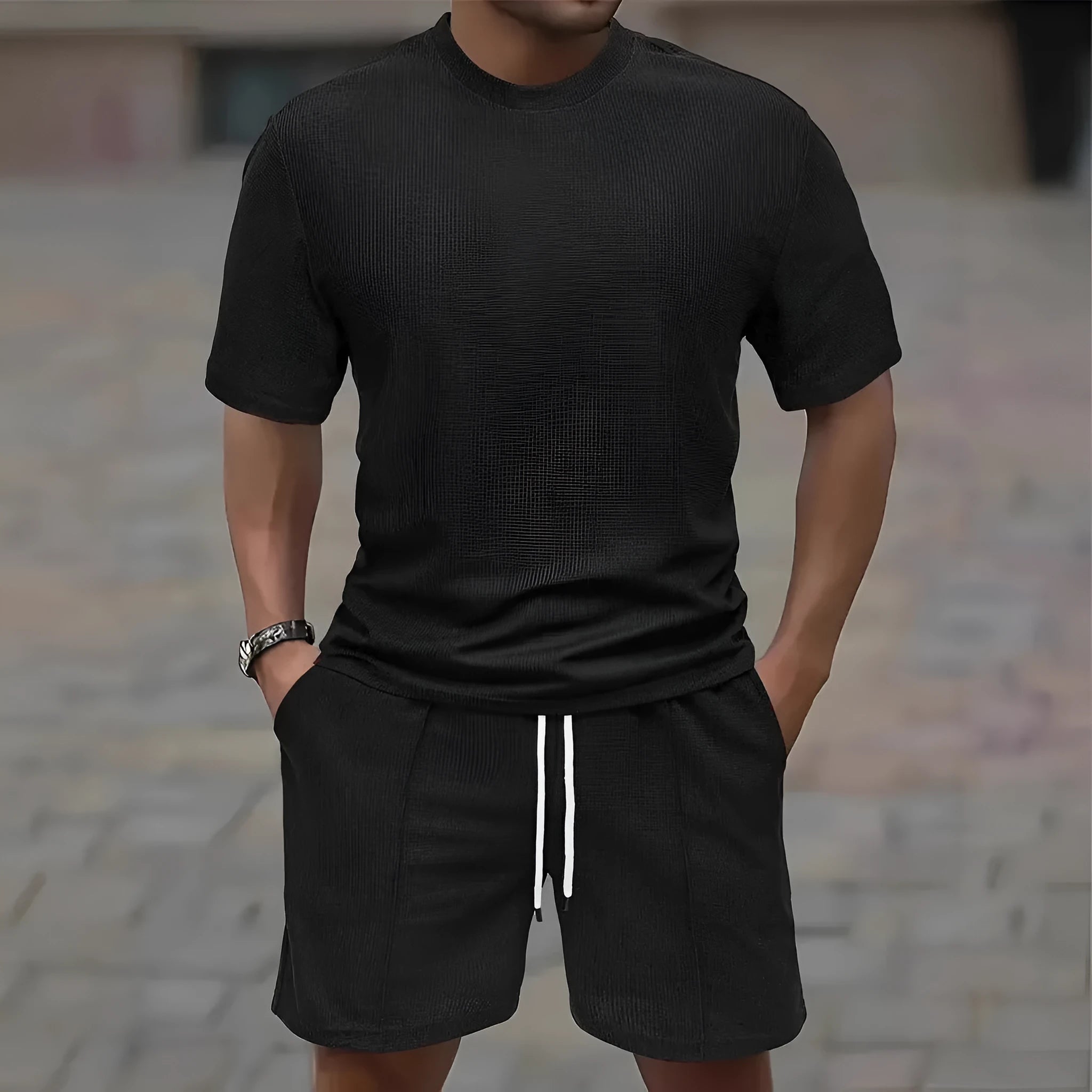 Men's apricot waffle texture short sleeve blouse and matching shorts laid flat