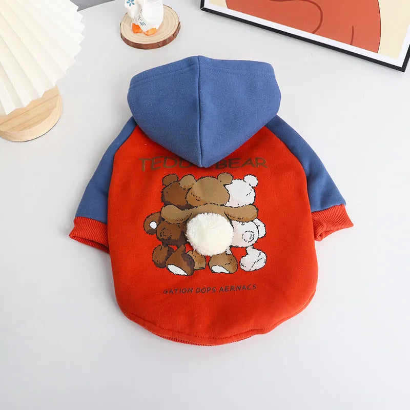 Red cotton dog jumper for small and medium breeds like Teddy, Bichon, and Corgi on a white background.
