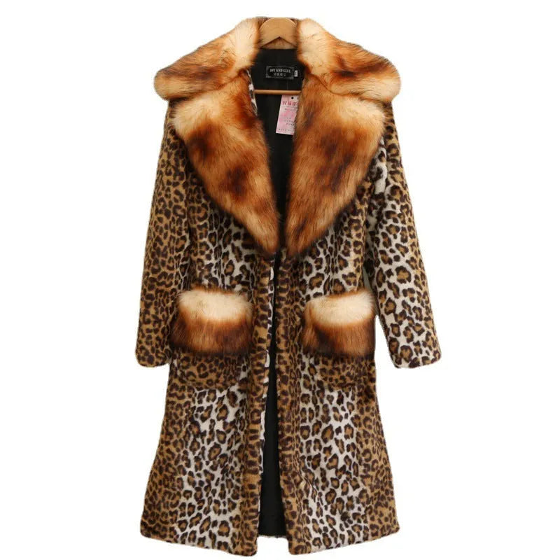 Women's long leopard print artificial fur jacket with regular sleeves, shown on a model.