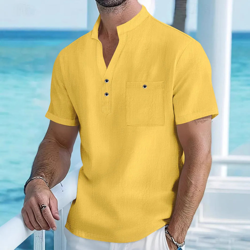 Men's linen stand collar short sleeve shirt in light blue solid colour showing loose fit casual styling