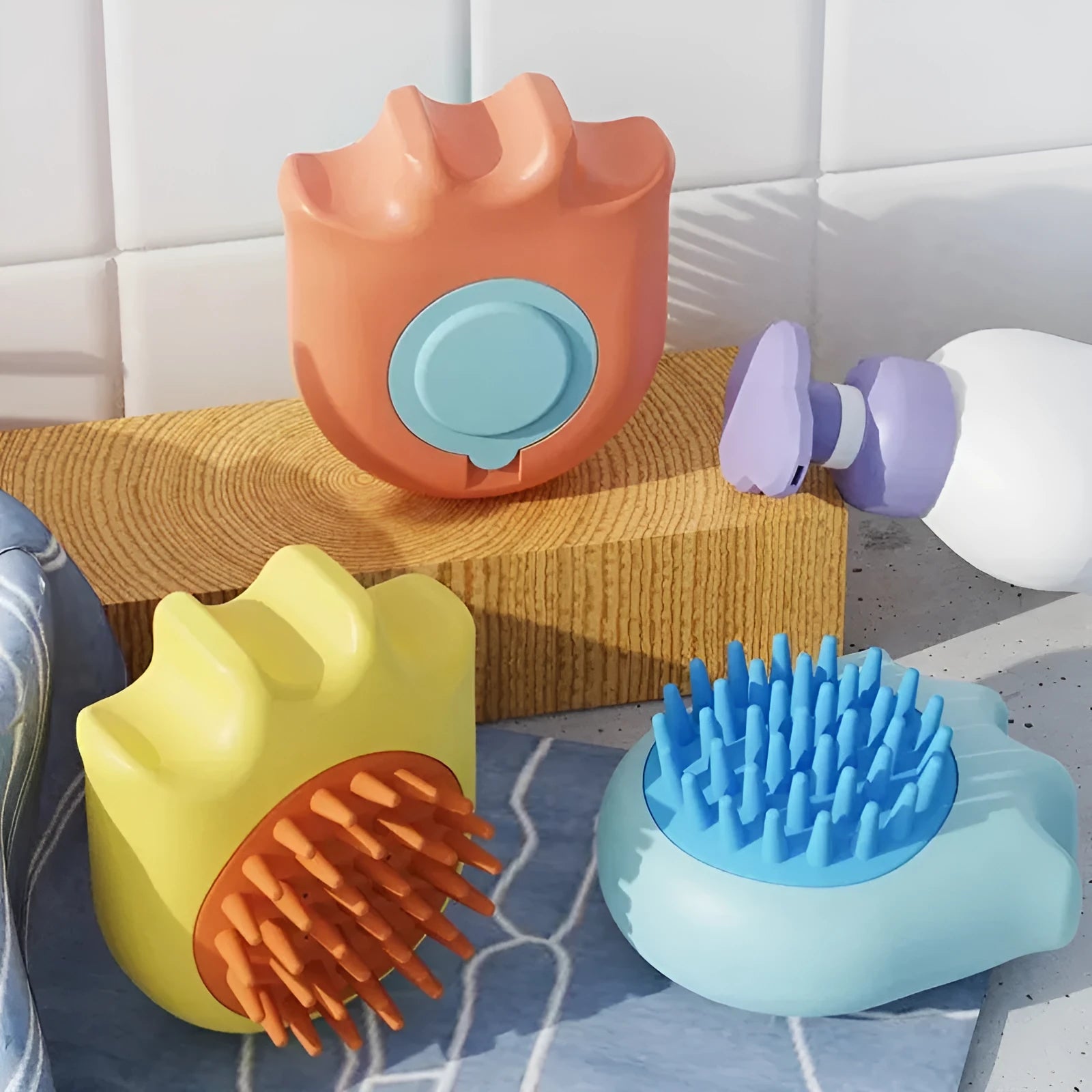 Blue pet bath brush with shampoo box for cats and dogs, handheld massage comb grooming tool