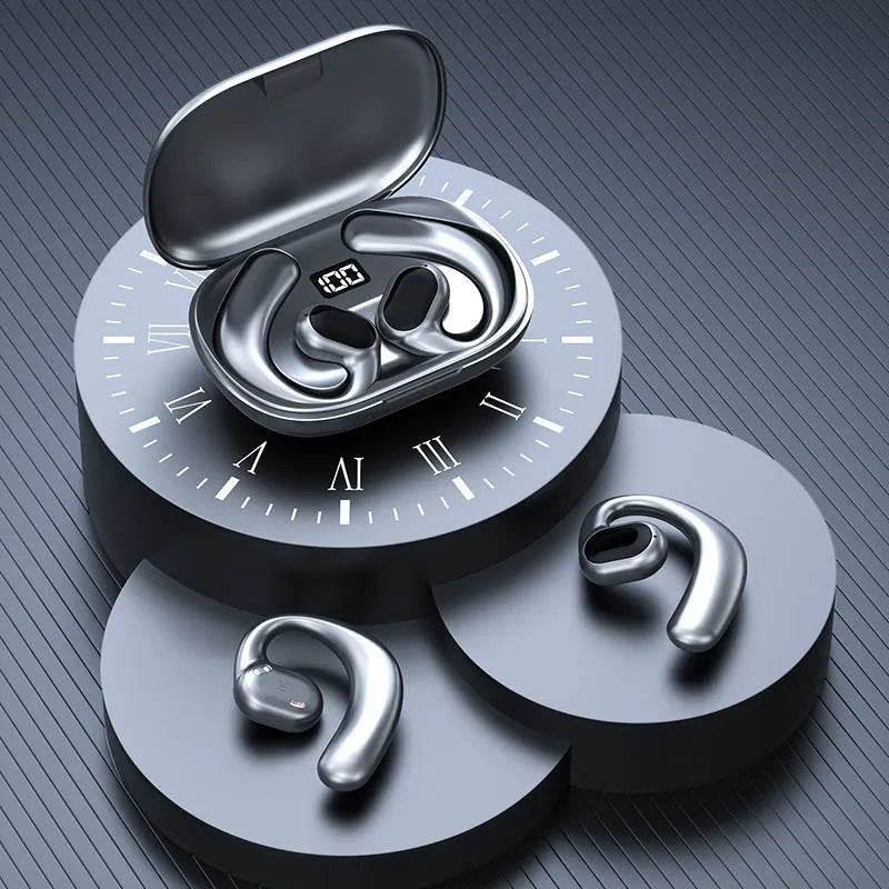 Black ear-mounted Bluetooth headset with digital display screen showing battery level.