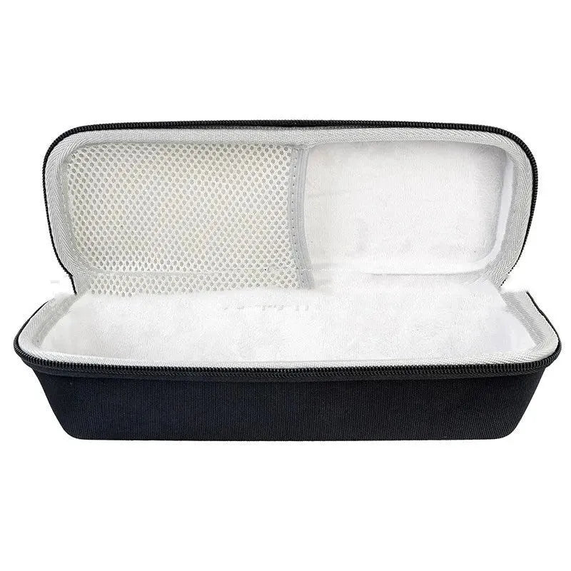 Black EVA Bluetooth speaker storage case with climbing carabiner, grey inner lining, size 280x100x90mm