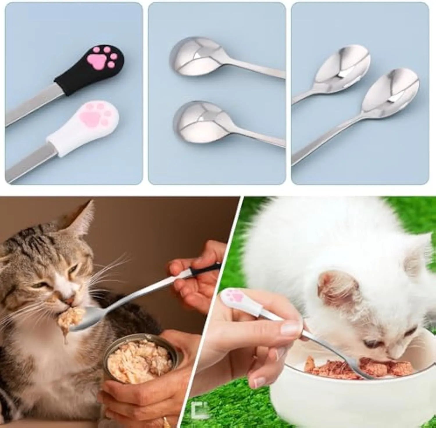 White and black pet food spoons with cat paw design and silicone handles