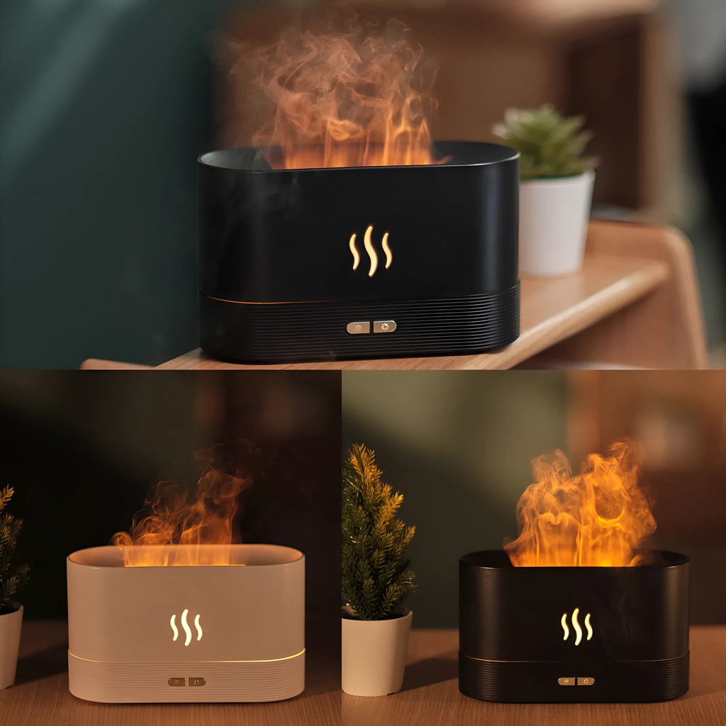 Black square ultrasonic aroma diffuser with flame light effect and mist output