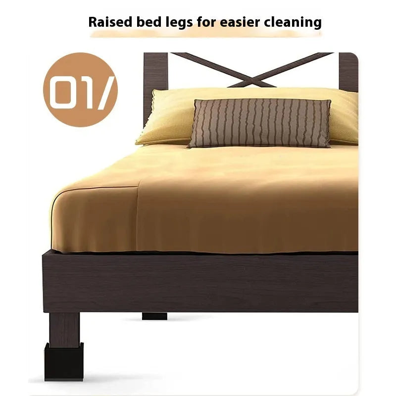 Four black plastic bed feet height adjustment mats for furniture levelling