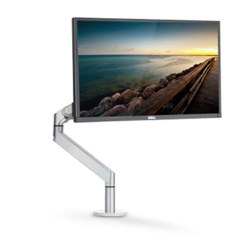 Silver aluminium alloy computer stand with hover bracket design supporting a laptop