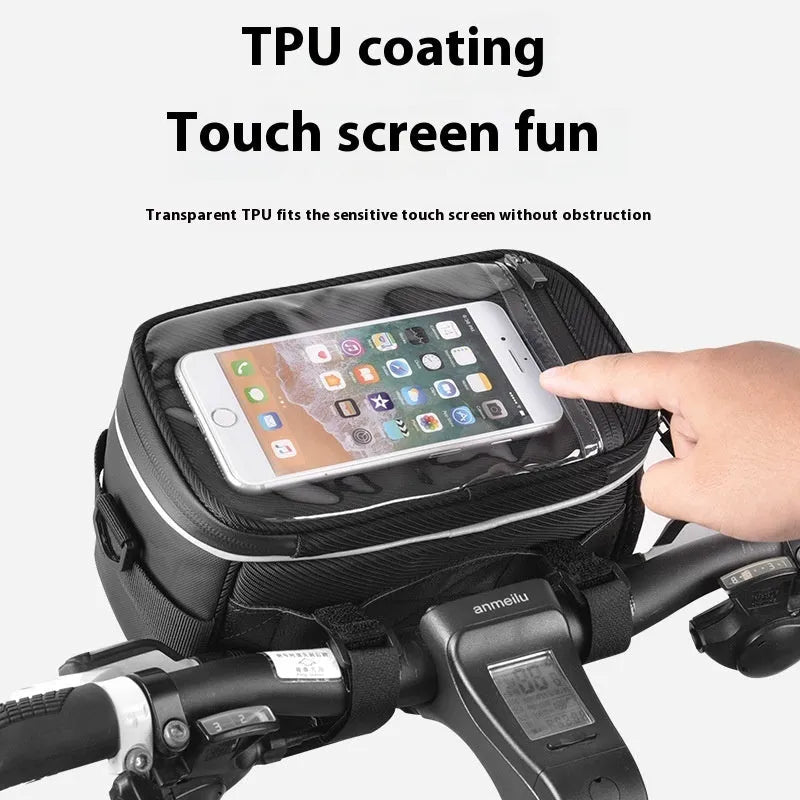Black folding polyester bicycle bag with 7 inch capacity mounted on handlebars.