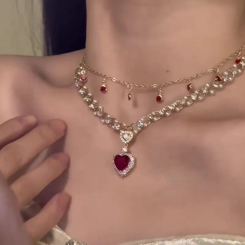 Red love heart pendant on double layer adjustable alloy necklace