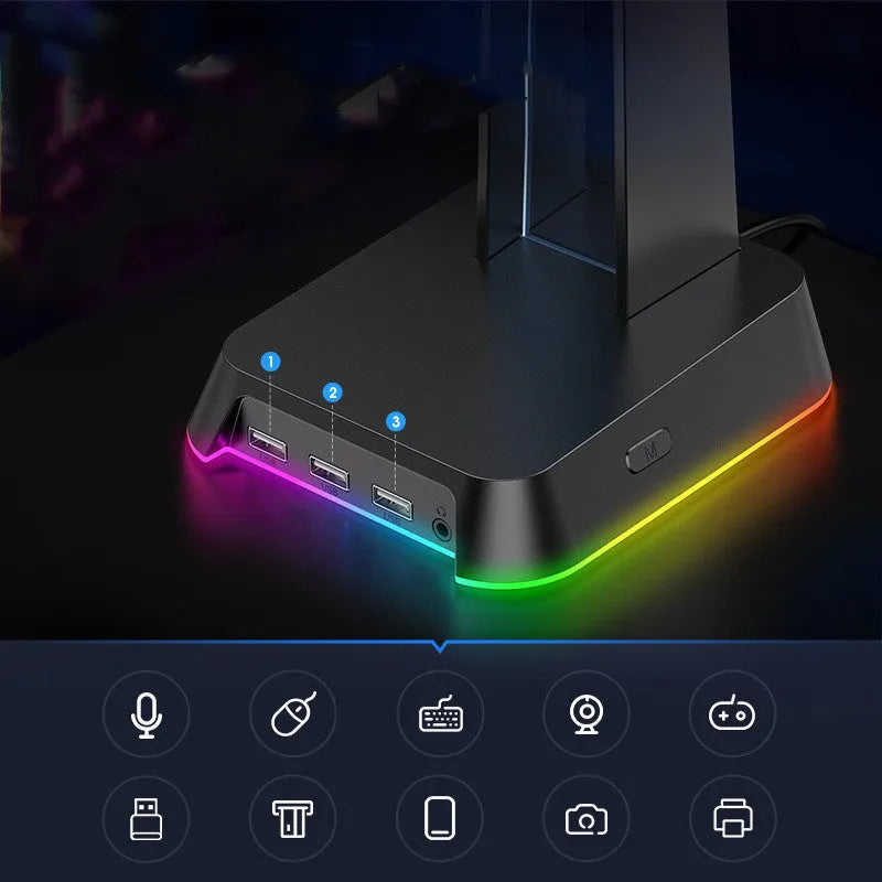 Illuminated headphone stand with Symphony RGB lighting and USB hub in black