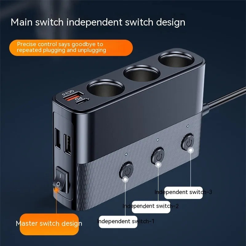 Black car cigarette lighter multi-port USB fast charger with PD and QC3.0 ports