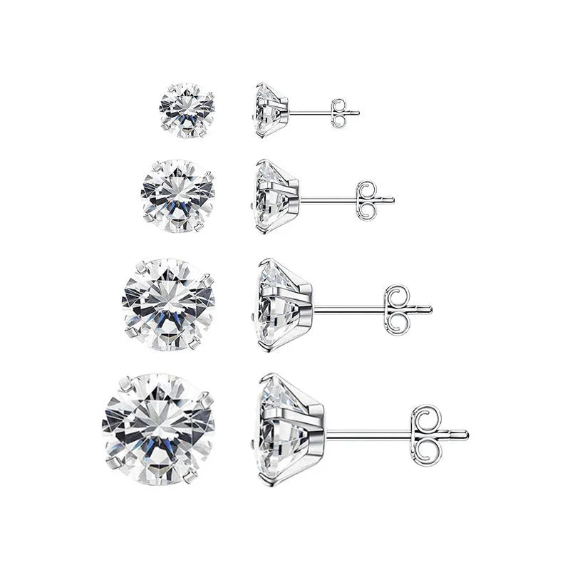 A pair of square geometric stud earrings with round zircon stones in stainless steel, shown in gold and steel colour finishes.
